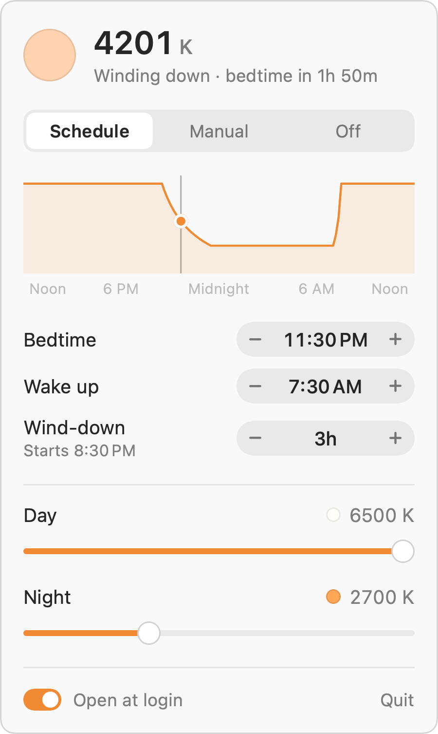 FluxBar popover in light mode at 9:40 PM, winding down at 4201 K