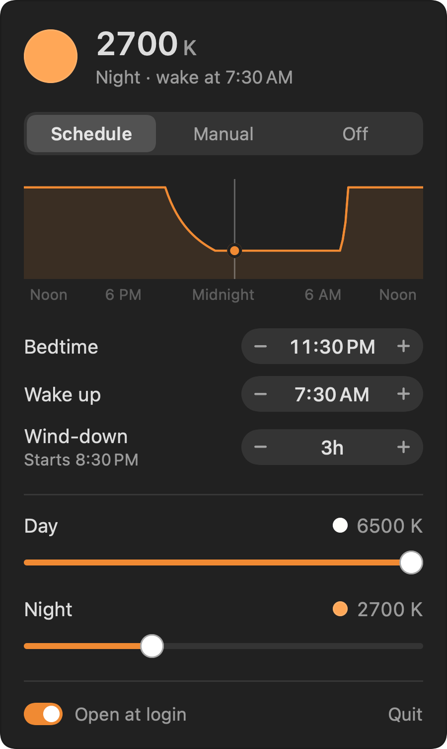 FluxBar popover in dark mode at 12:40 AM, night at 2700 K